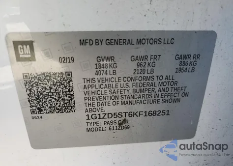 2019 Chevrolet Malibu Lt из США, поврежденный, VIN 1G1ZD5ST6KF168251